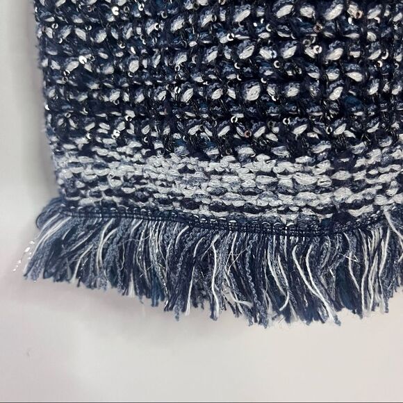Ann Taylor Blue Sequin Glitter Sweater with Fringe Sleeves & Hem - Picture 3 of 8